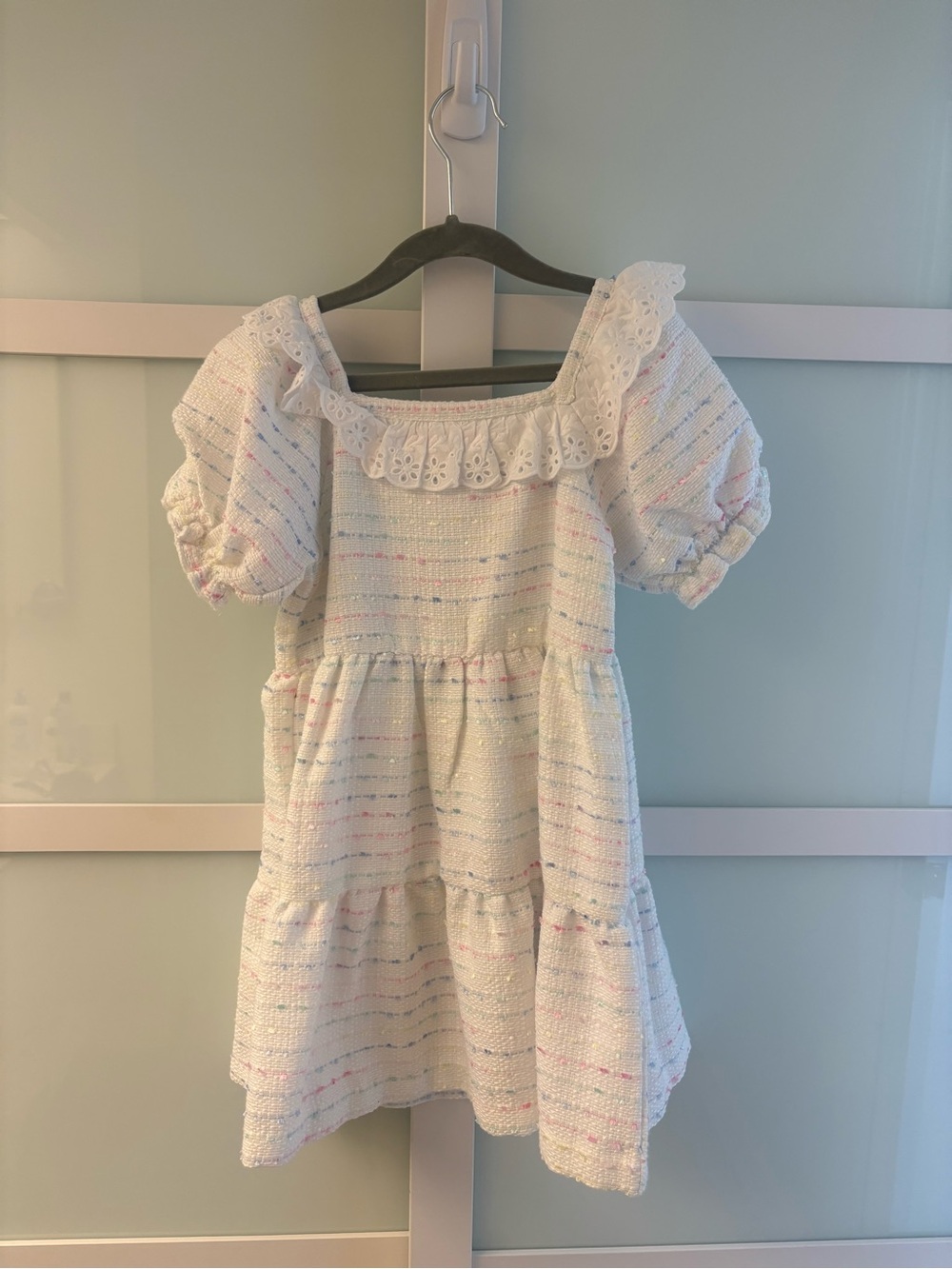 Janie and Jack White Eyelet Ruffle Puff-Sleeve Dress with Pastel Speckles